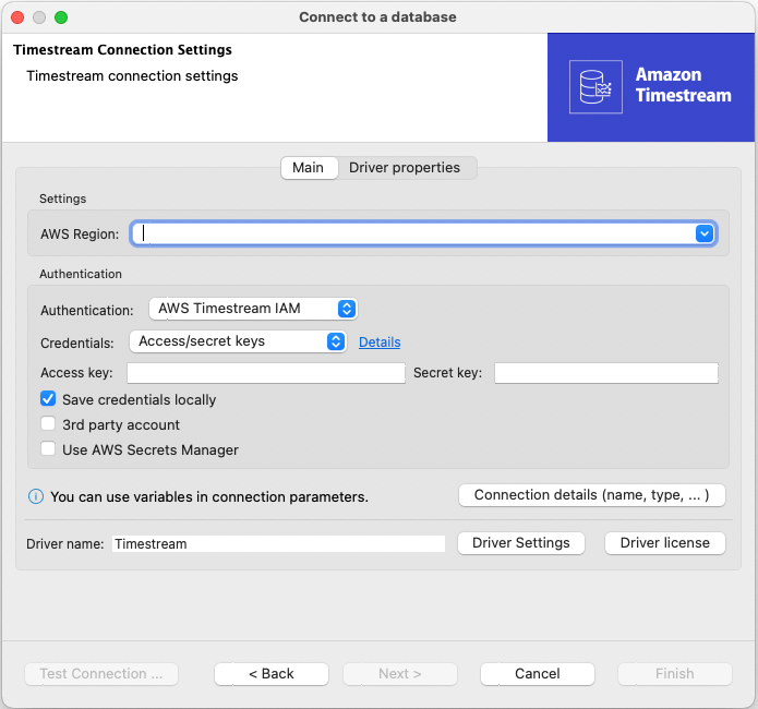 DBeaverschermata che mostra i campi di connessione per Timestream.