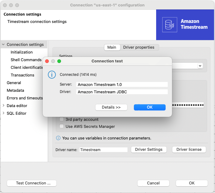 DBeaverschermata che mostra un test di connessione riuscito.