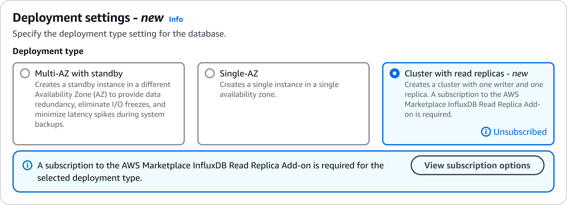 L'interfaccia del database Create InfluxDB che mostra le diverse impostazioni di distribuzione disponibili per il nuovo database. L'opzione Cluster con repliche di lettura è selezionata.