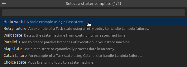 List of starter templates including Hello world, Retry failure, Wait state, and others.