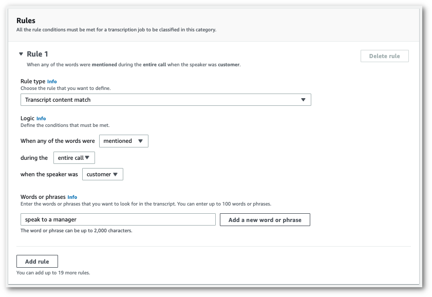 Amazon Transcribe schermata della console: il pannello delle «regole» con le opzioni logiche.