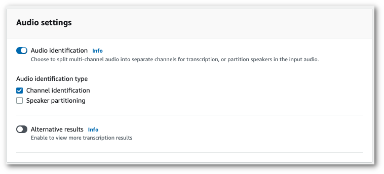 Amazon Transcribepagina 'Configura lavoro' della console. Nel pannello «Impostazioni audio», puoi abilitare l'identificazione dei canali.