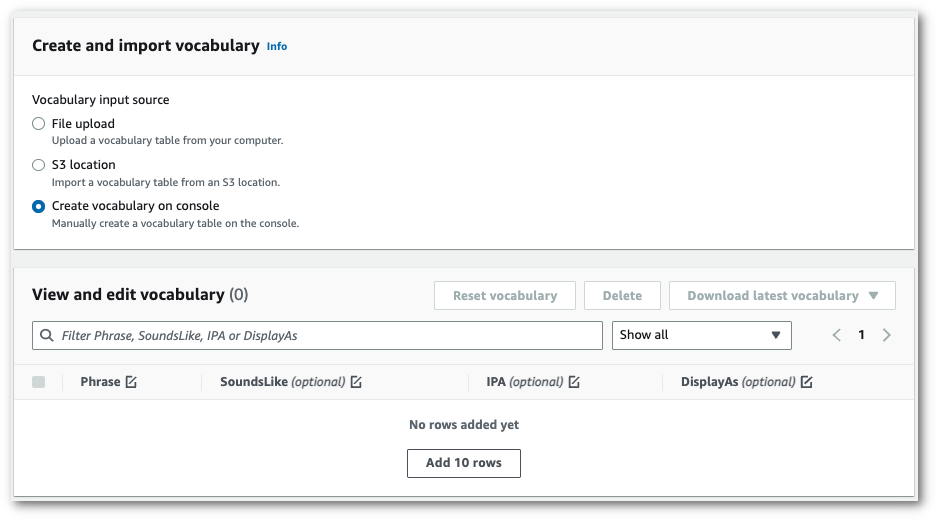 Amazon Transcribe schermata della console: la pagina «crea e importa il vocabolario».