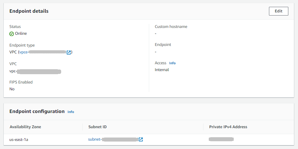 La pagina della console dei dettagli del server per un server AS2 che mostra la sezione dei dettagli dell'endpoint.