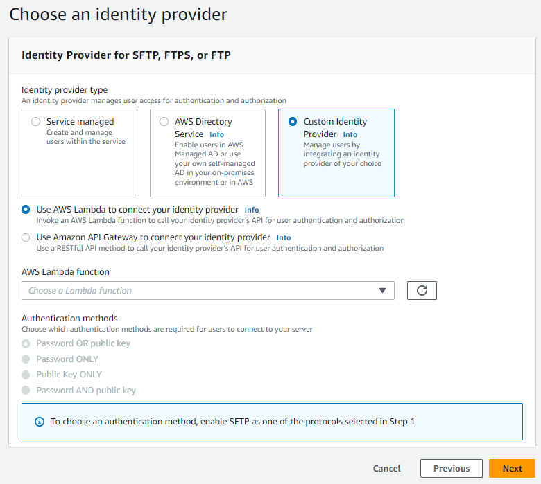 La sezione Scegli una console con provider di identità personalizzato selezionato.