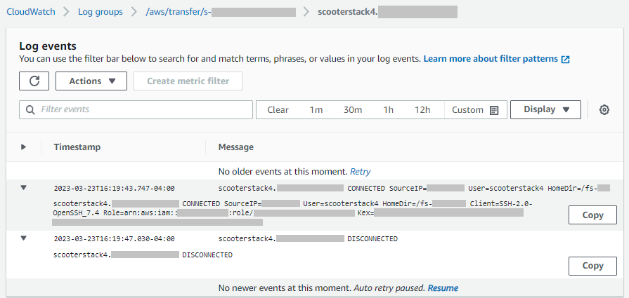 Un esempio di schermata di registrazione, che mostra una sessione in cui un utente si connette e poi si disconnette dal SFTP server.