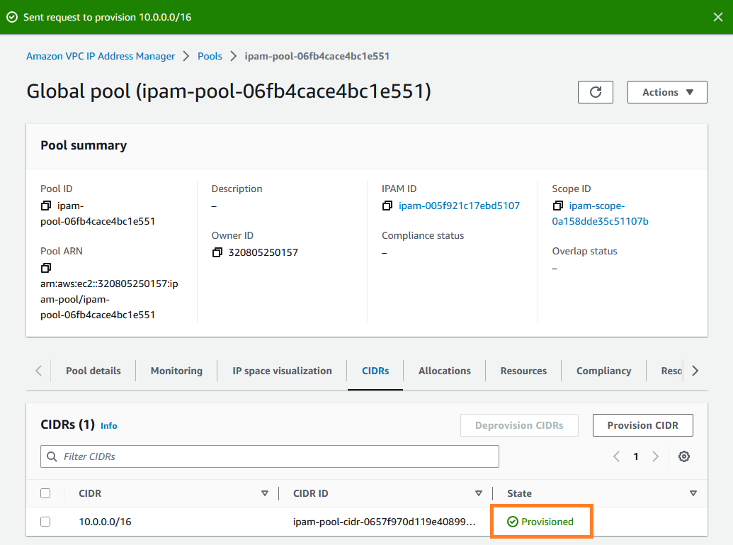 Messaggio di provisioning nella IPAM console dopo aver creato correttamente un pool.