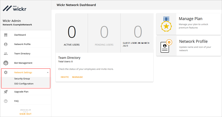 La pagina Wickr Network Dashboard della Wickr Admin Console.