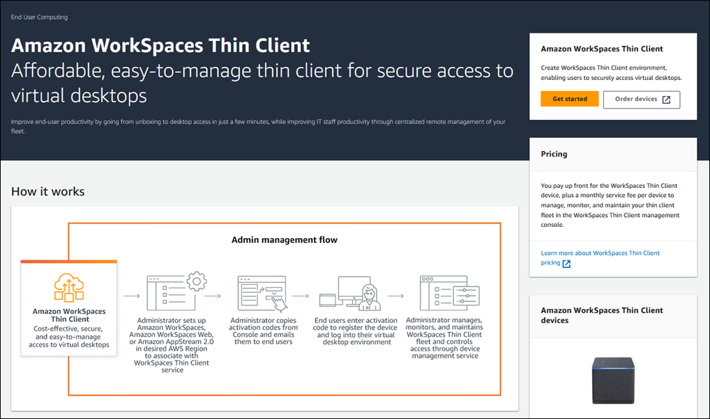 Admin management flow for Amazon WorkSpaces Thin Client, showing setup to end-user access steps.