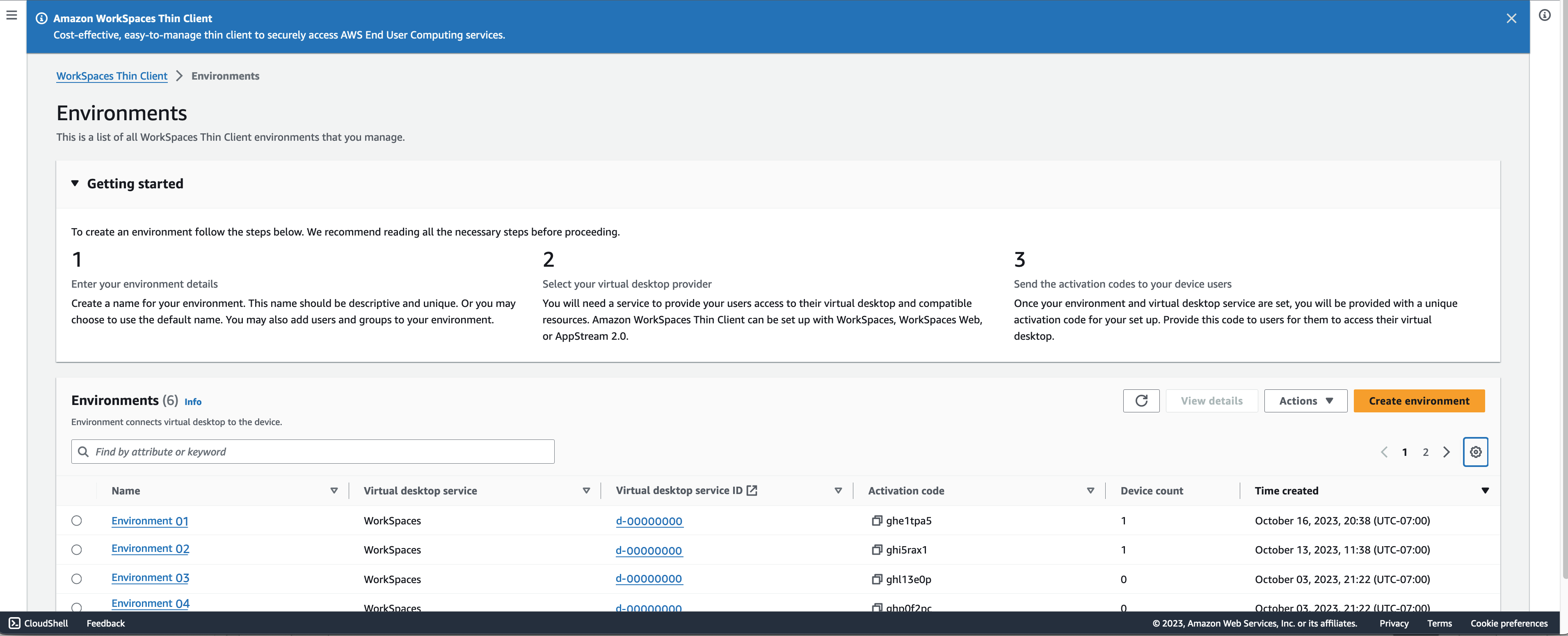 Amazon WorkSpaces Thin Client environments management interface with setup steps and existing environments list.