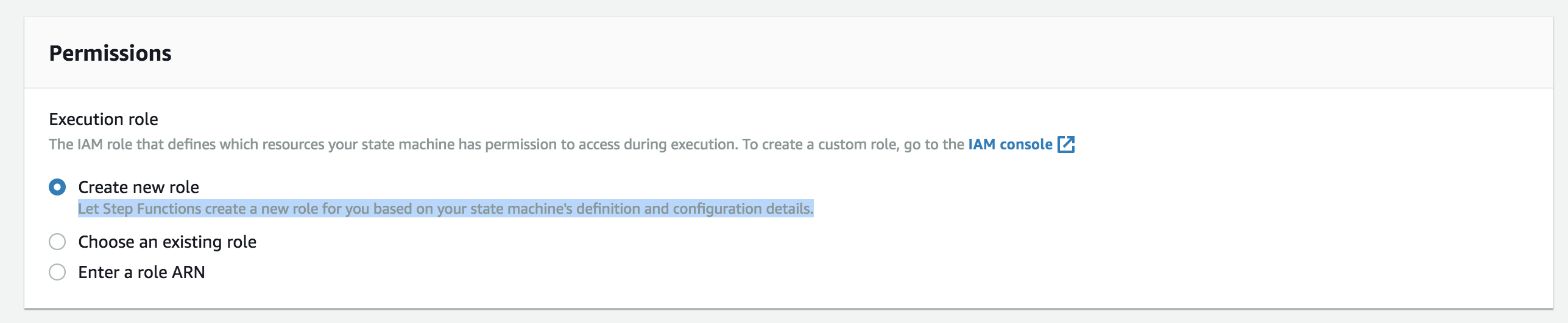 Permissions section with options to create a new role, choose existing, or enter ARN.