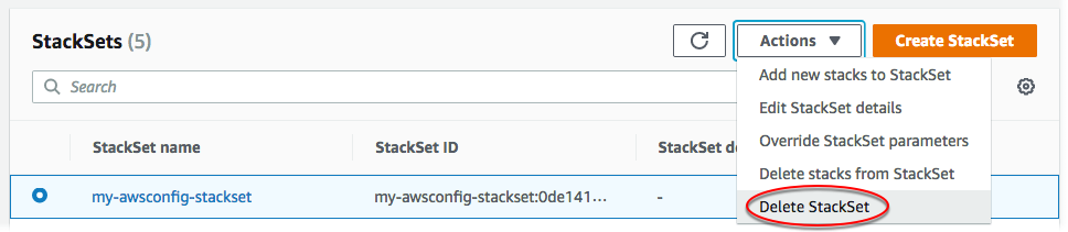 スタックセットを選択し、[アクション] メニューから [Delete StackSet (StackSet の削除)]を選択します。