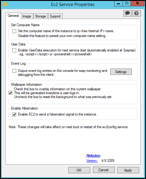 [一般] タブに EC2Config サービスプロパティが表示されます。