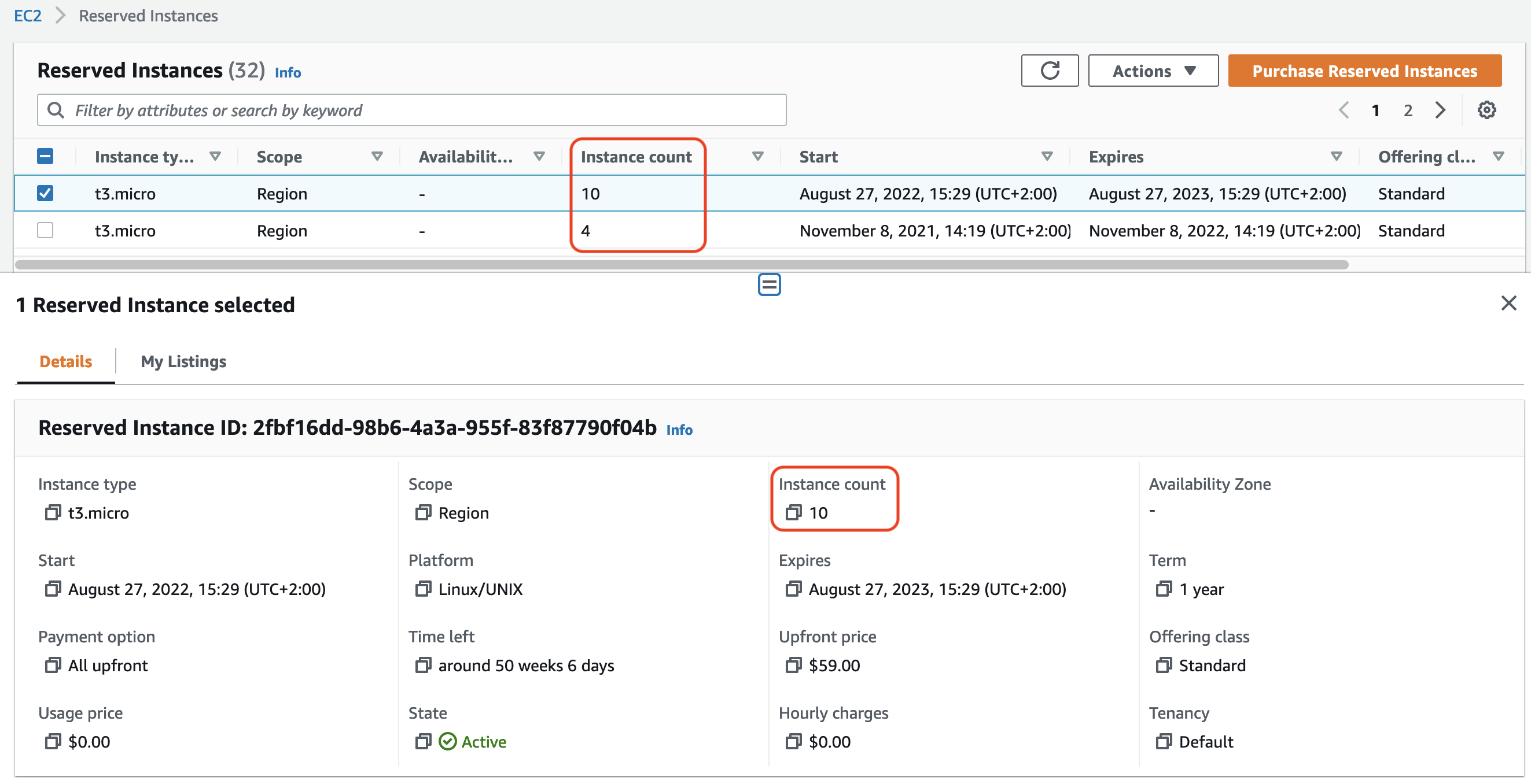 この画像は、Amazon EC2 コンソールの [Reserved Instances] (リザーブドインスタンス) の画面を示しています。スクリーンショットには、[Instance count] (インスタンス数) フィールドが示されています。