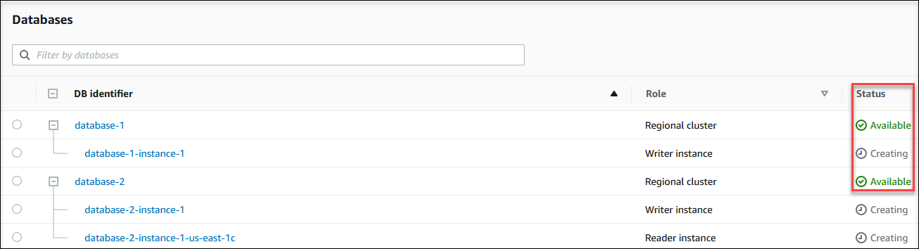 DB クラスターのステータスを表示する