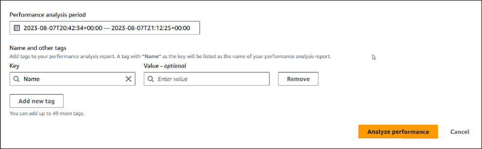 分析レポートを作成するためのフィールドが表示されている Performance Insights ダッシュボード