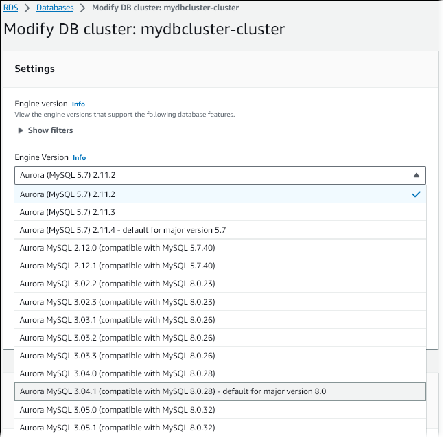 Aurora MySQL DB クラスターのバージョン 2 からバージョン 3 へのインプレースアップグレード