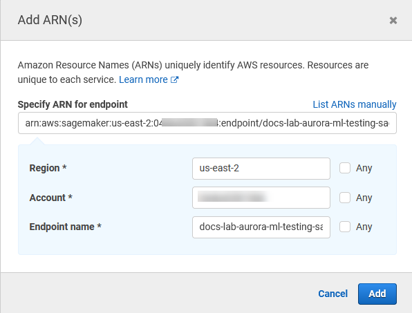 IAM ポリシーのエンドポイントの ARN を指定します。