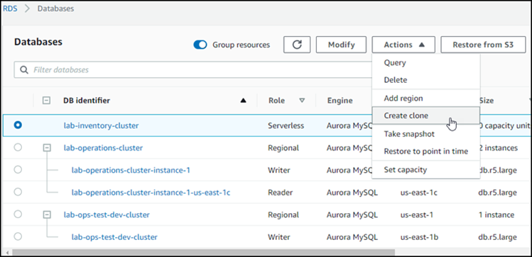 クローンの作成には、まず Aurora DB クラスターを選択します。