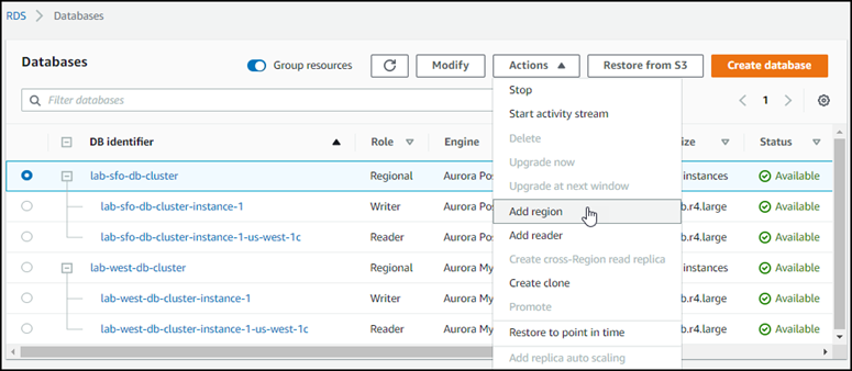 Auroraグローバルデータベースで利用できる Aurora DB クラスターがある、データベースのスクリーンショット。