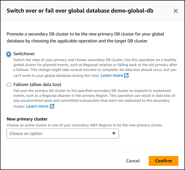 [フェイルオーバー (データ損失を許可)] が選択された [グローバルデータベースのスイッチオーバーまたはフェイルオーバー] ダイアログ。