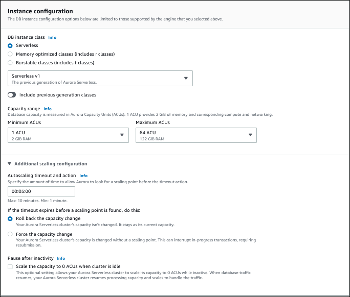 コンソールによる Aurora MySQL Serverless v1 DB クラスターの容量設定