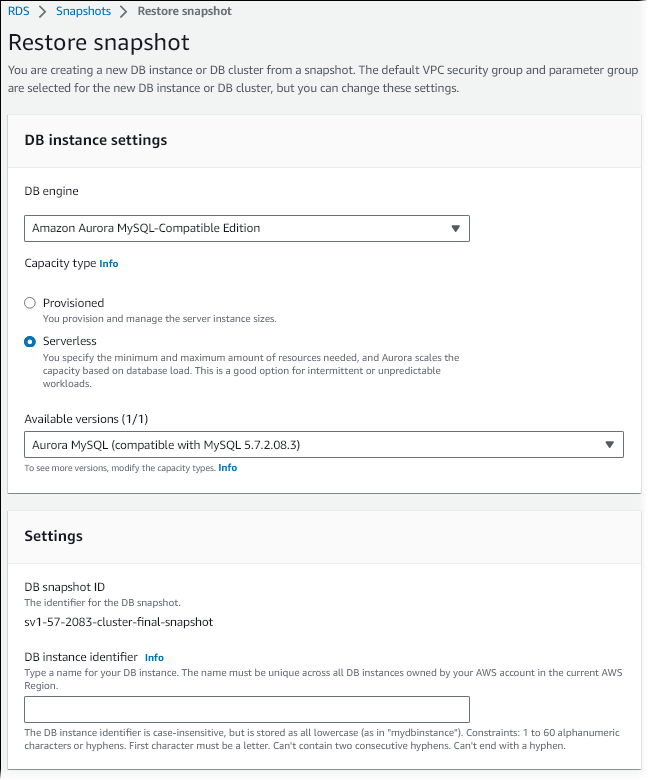 コンソールで Aurora Serverless v1 DB クラスターを復元します。