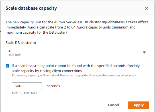 コンソールによる Aurora Serverless v1 DB クラスターの容量設定