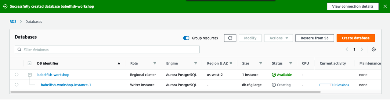 Babelfish が実行されている Aurora PostgreSQL クラスター。