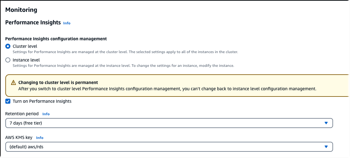 コンソールを使用して DB クラスターの変更中に Performance Insights を変更します。