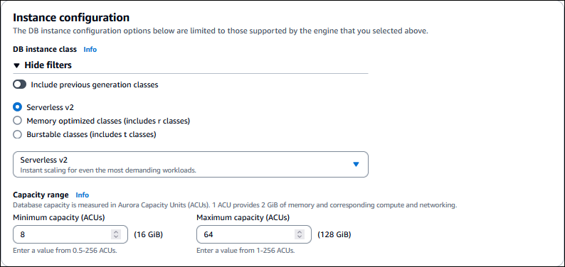 Aurora Serverless v2 のインスタンス構成設定。