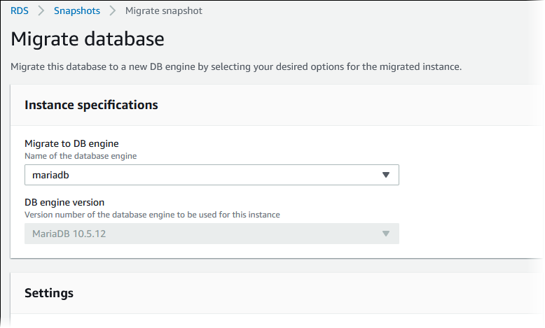 Amazon RDS コンソールの、MySQL から MariaDB に移行する [データベースの移行] ページ。