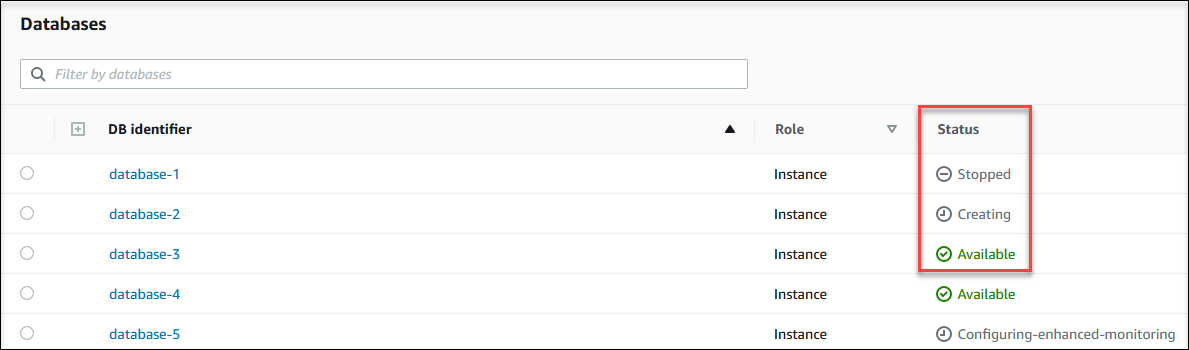 DB インスタンスのステータスを表示する