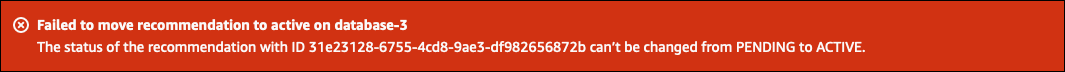 却下された推奨事項からアクティブな推奨事項への移行に失敗したリソースを含むメッセージを表示するコンソールのバナー