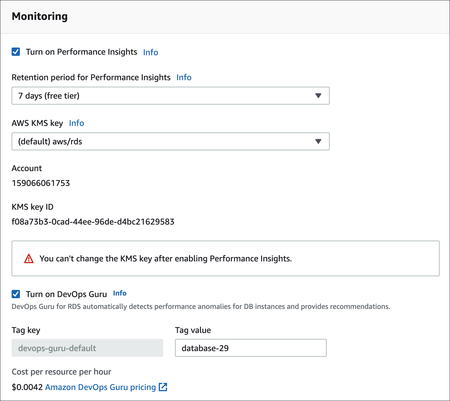 DB インスタンスを作成するときに DevOps Guru をオンにする