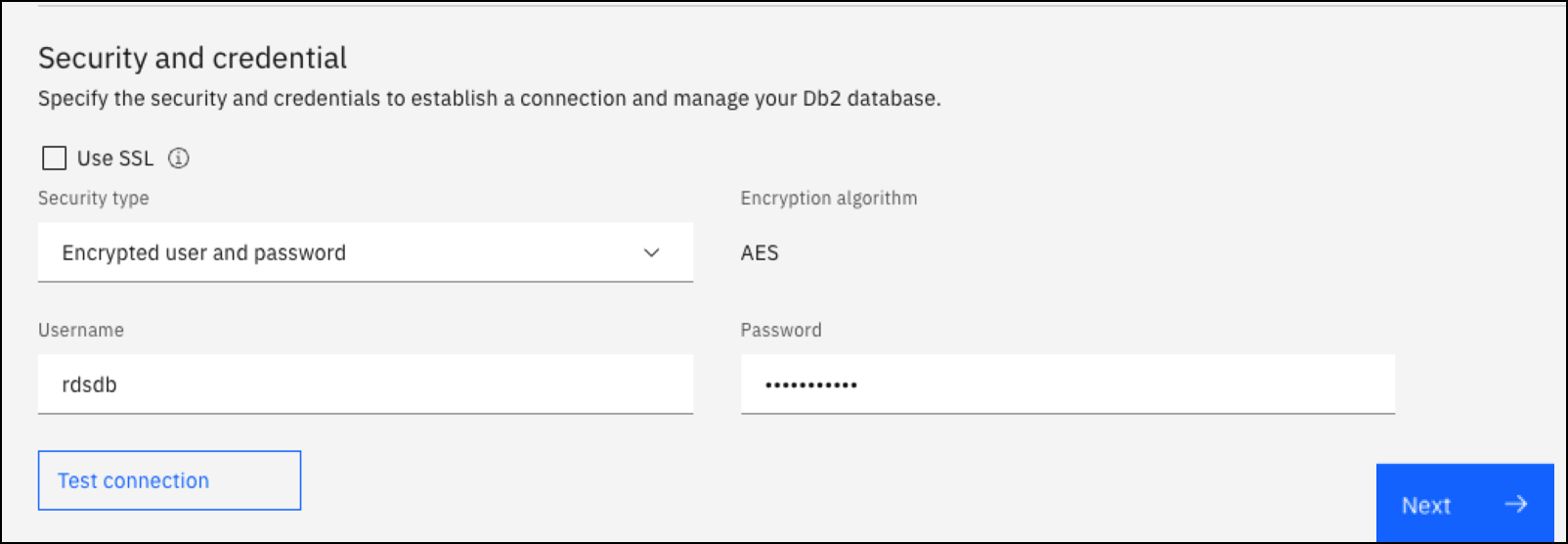 IBM Db2 Data Management Console の [セキュリティと認証情報] セクション。