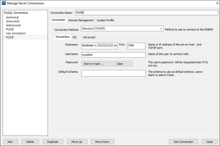 MySQL Workbench のサーバー接続管理ウィンドウ。