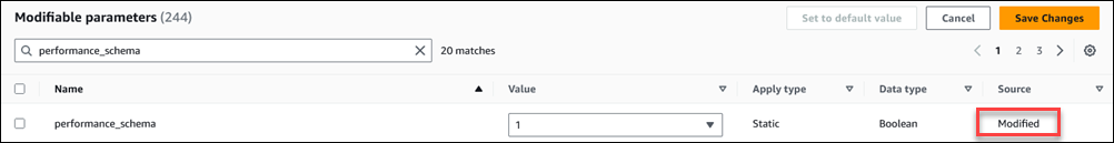 performance_schema パラメータの設定が変更されていることを示しています。