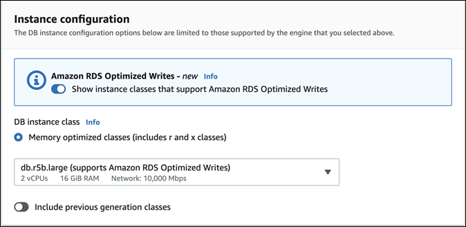 [DB インスタンスクラス] の [インスタンス設定] セクション。[Amazon RDS Optimized Writes] フィルターがオンになっています。