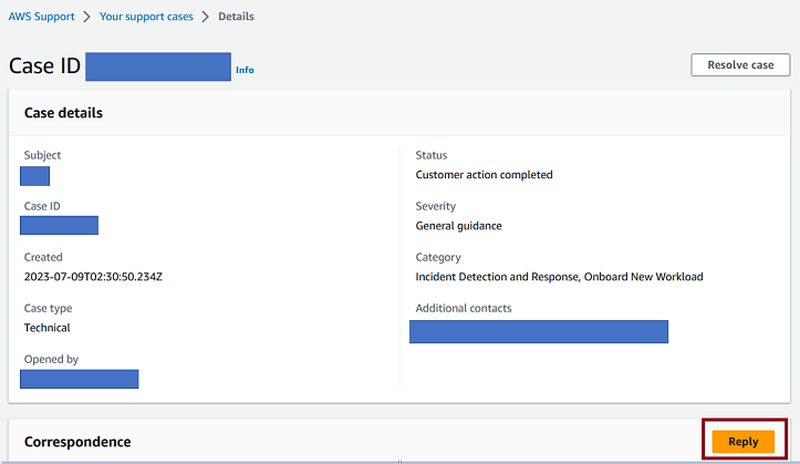 AWS support case details page showing case information and a Reply button.