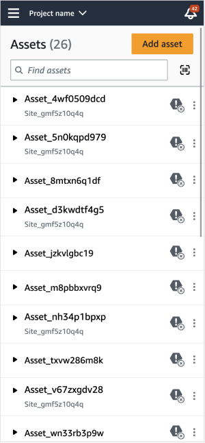 Assets list in a project interface showing multiple asset entries with unique identifiers.