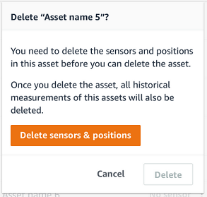 Dialog box warning about deleting sensors and positions before deleting an asset.