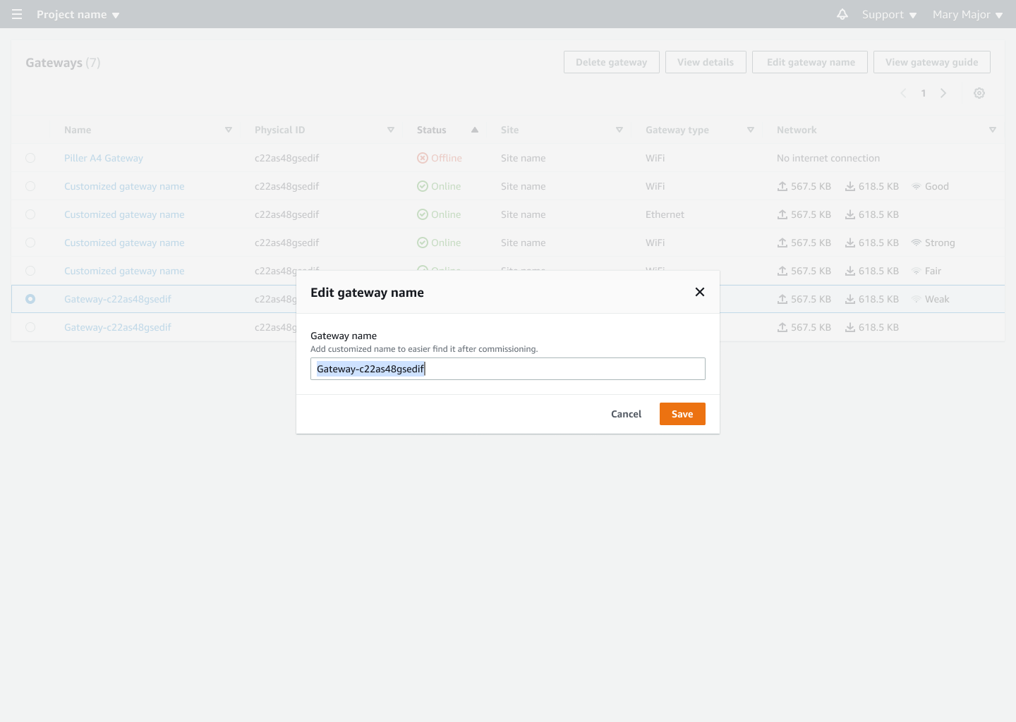 Gateway management interface showing a list of gateways and an edit name popup.