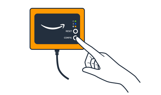 Hand pressing the Config button on an Amazon device with a smile logo and LED indicators.