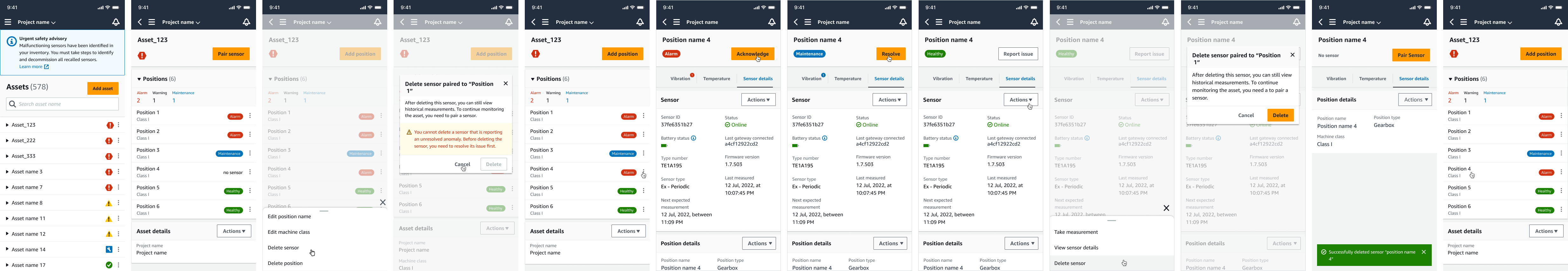 Mobile app interface showing asset management screens with various status indicators and sensor details.