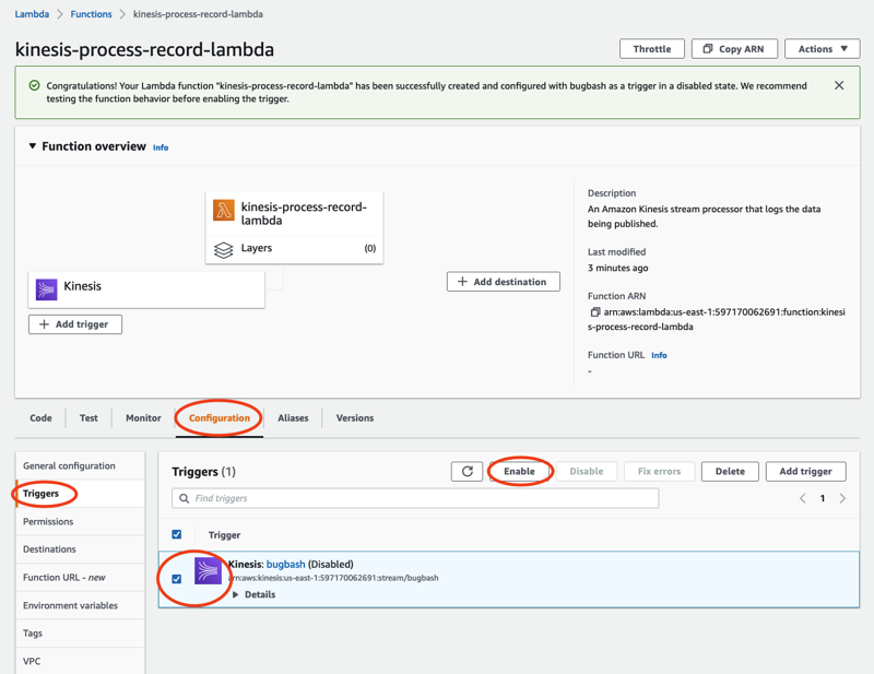 Lambda function configuration page with Triggers tab and Kinesis stream trigger highlighted.