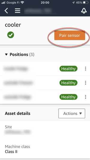 Mobile app interface showing cooler status, positions, and asset details with a "Pair sensor" button highlighted.