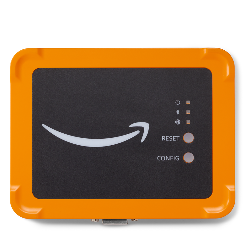 Amazon-branded device with reset and config buttons, displaying connectivity icons.