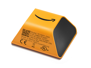 Amazon-branded sensor device with QR code and CE marking on orange and black casing.