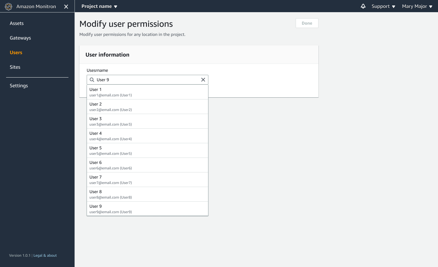 User permissions modification interface showing a dropdown list of users to select.